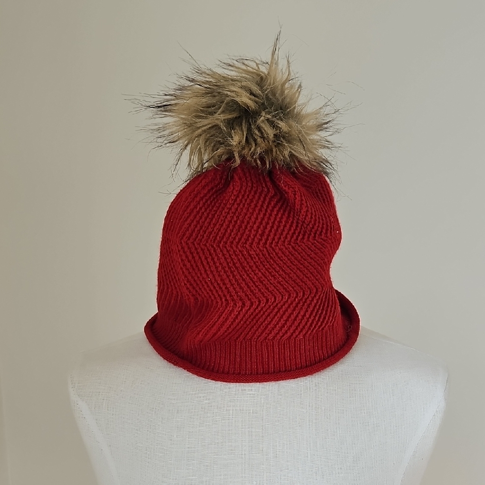 TNA Red Knit Beanie with Faux Fur Pom